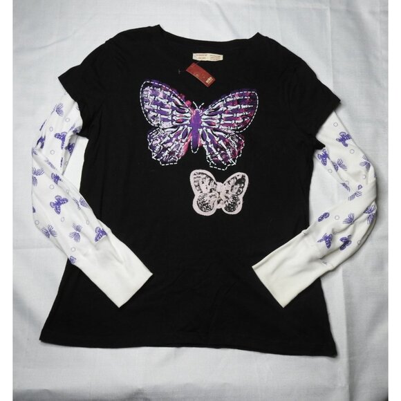 NWT Butterfly Graphic LS Layered Look Shirt Black Purple Size XXL Goth Y2K Jrs - Picture 10 of 10